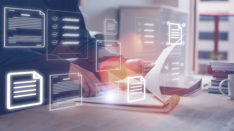 Document data system Report HR technology Concept: Businessman Manager checking white documents reports papers of files icon in modern office